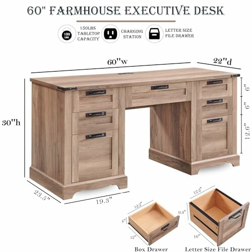 60-inch farmhouse executive desk with dimensions and features.