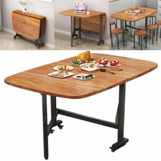 Foldable wooden dining table with chairs and food setup