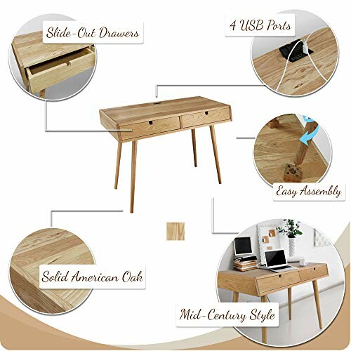 Mid-century oak desk with features: slide-out drawers, 4 USB ports, easy assembly, solid American oak.