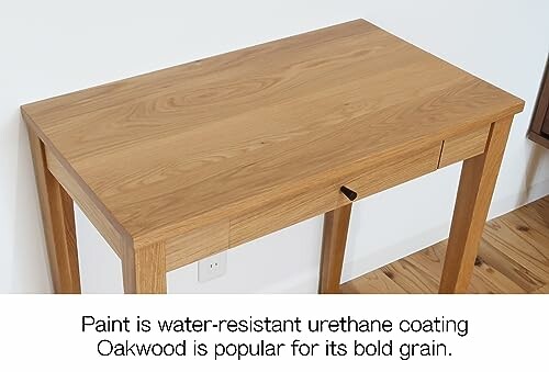 Oakwood table with bold grain and water-resistant coating.