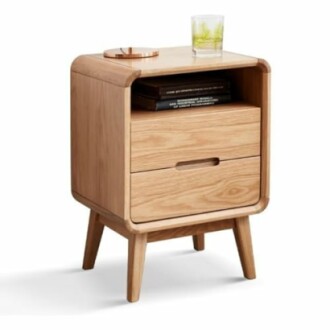 Wooden bedside table with drawer and shelf.