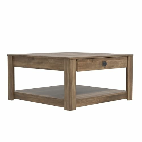 Wooden square coffee table with drawer and shelf