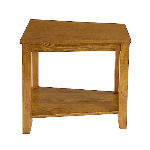 Wooden corner table with two shelves.