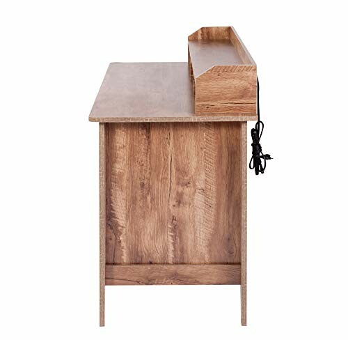 Side view of a wooden desk with a hutch and dangling cord.