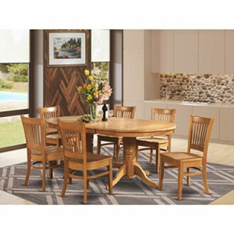 Wooden dining table set with six chairs in a modern room