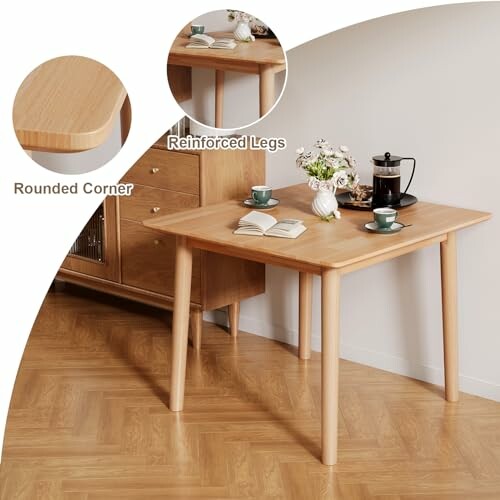 Wooden dining table with rounded corners and reinforced legs.