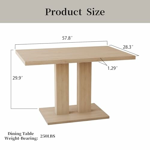 Wooden dining table with dimensions and weight-bearing capacity.