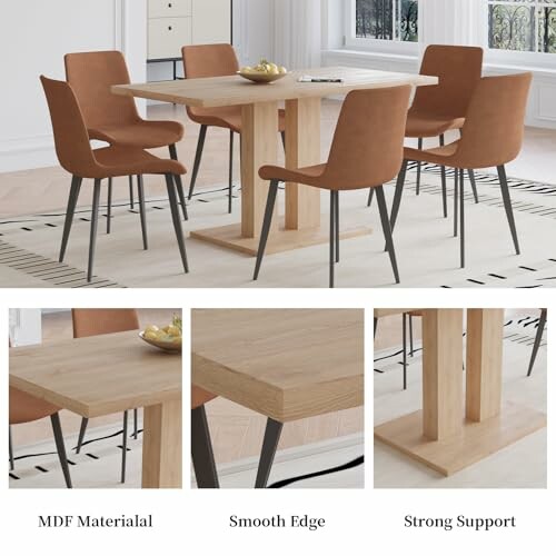 Six brown chairs around a wooden dining table in a modern room.