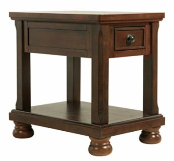 Wooden end table with drawer and lower shelf.