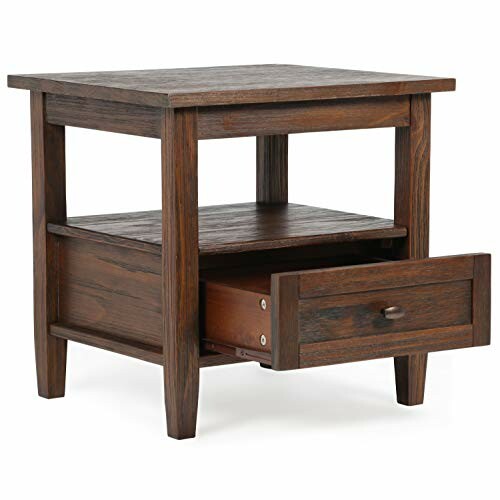 Wooden end table with an open drawer and shelf.