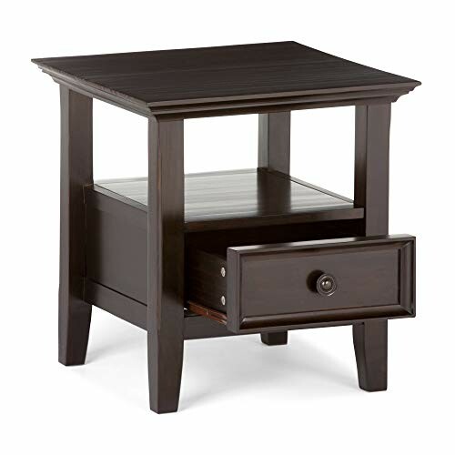 Wooden end table with open drawer.