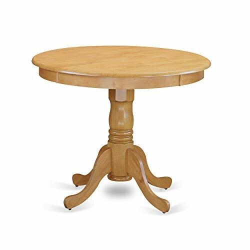 Round wooden dining table with a single pedestal base.