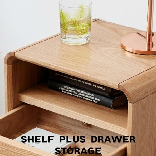 Wooden shelf with drawer and glass on top