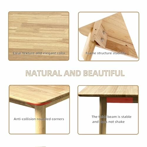 Wooden table with clear texture, stable frame, rounded corners, and stable beam.